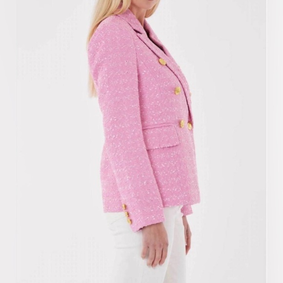 Dolce Cabo Pink Tweed gold baroque style buttons Double Breasted Blazer size M - Picture 2 of 3